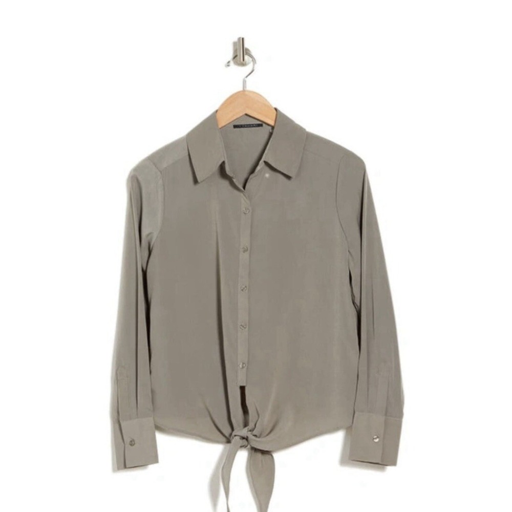 100% Polyester T Tahari Tie Front Long Sleeve Button Down Grey‎ Shirt - Large
